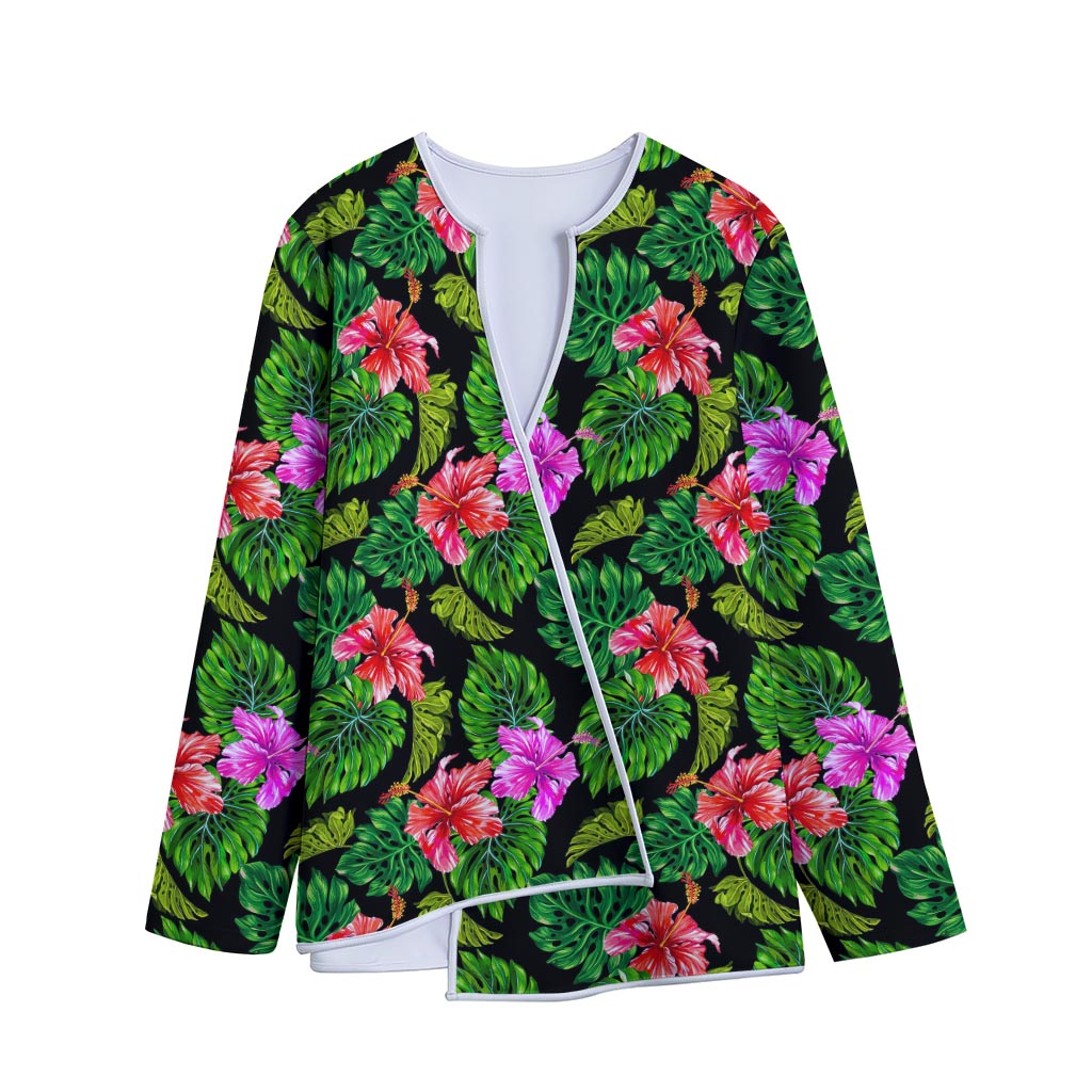 Monstera Hibiscus Hawaii Pattern Print Long Sleeve Short Coat