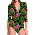 Monstera Hibiscus Hawaii Pattern Print Long Sleeve Swimsuit