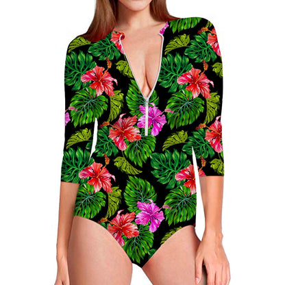 Monstera Hibiscus Hawaii Pattern Print Long Sleeve Swimsuit
