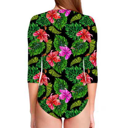 Monstera Hibiscus Hawaii Pattern Print Long Sleeve Swimsuit