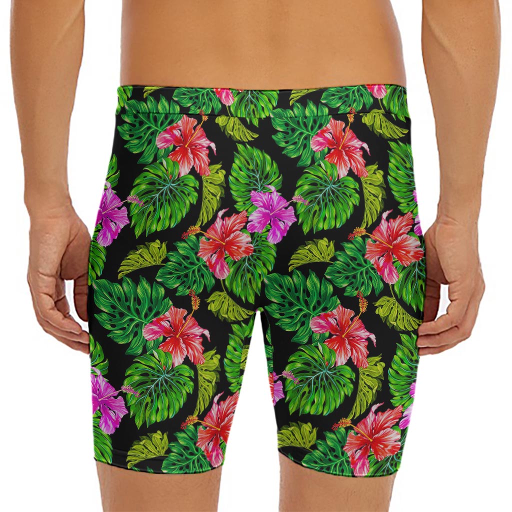 Monstera Hibiscus Hawaii Pattern Print Men's Long Boxer Briefs