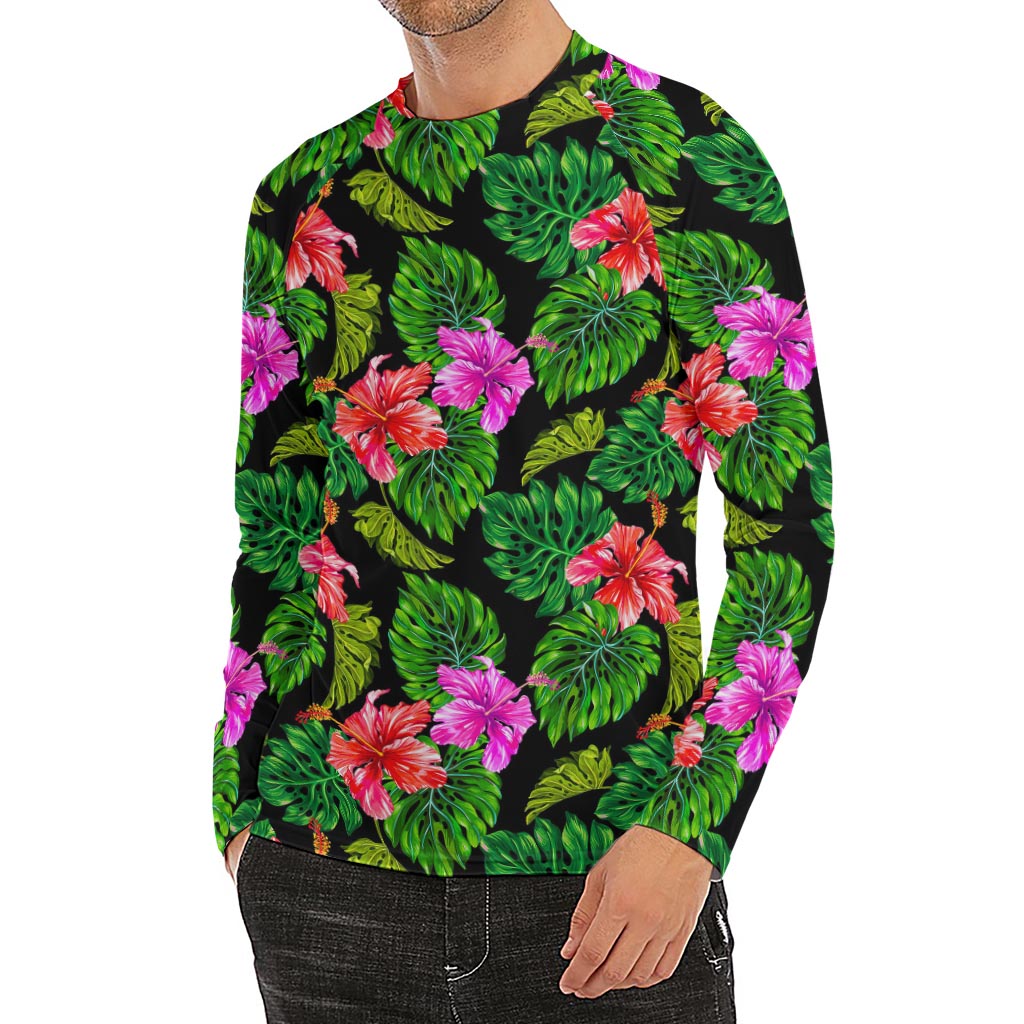 Monstera Hibiscus Hawaii Pattern Print Men's Long Sleeve Rash Guard