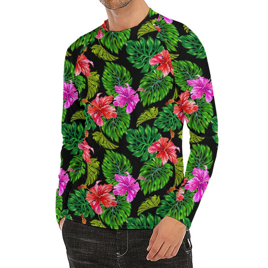 Monstera Hibiscus Hawaii Pattern Print Men's Long Sleeve Rash Guard