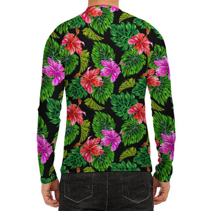 Monstera Hibiscus Hawaii Pattern Print Men's Long Sleeve Rash Guard