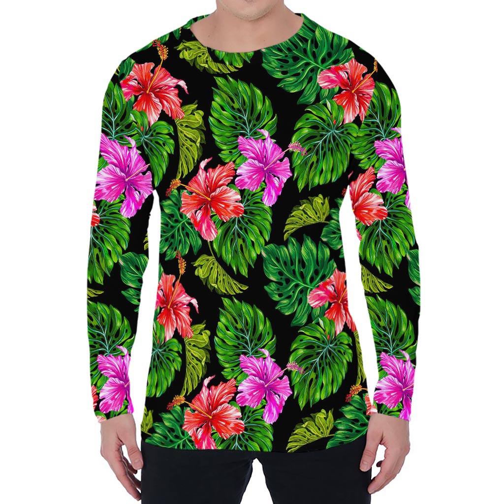 Monstera Hibiscus Hawaii Pattern Print Men's Long Sleeve T-Shirt