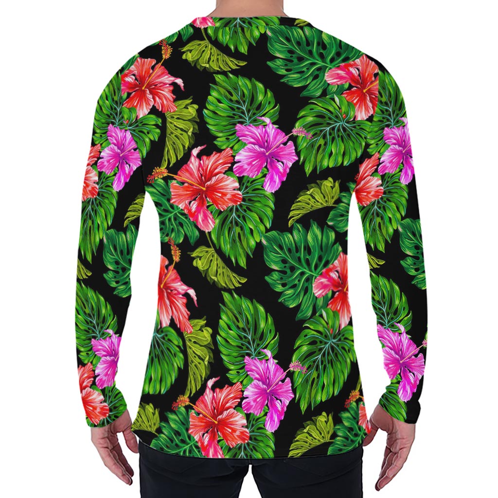 Monstera Hibiscus Hawaii Pattern Print Men's Long Sleeve T-Shirt