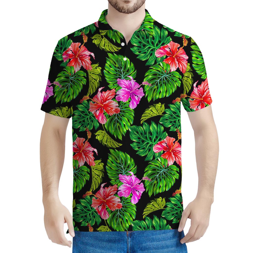 Monstera Hibiscus Hawaii Pattern Print Men's Polo Shirt