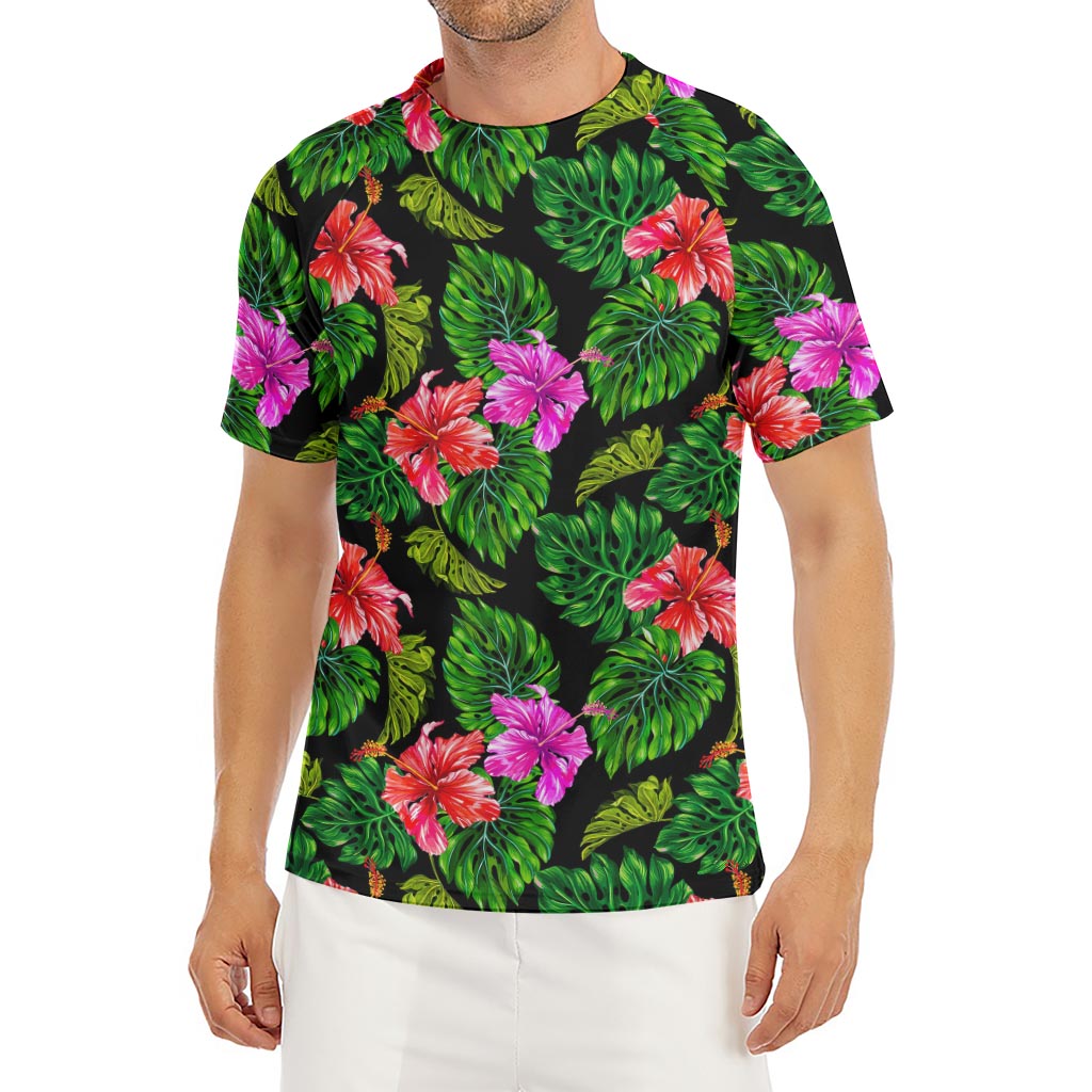 Monstera Hibiscus Hawaii Pattern Print Men's Short Sleeve Rash Guard