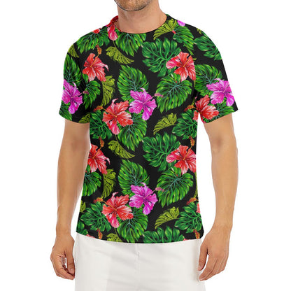 Monstera Hibiscus Hawaii Pattern Print Men's Short Sleeve Rash Guard