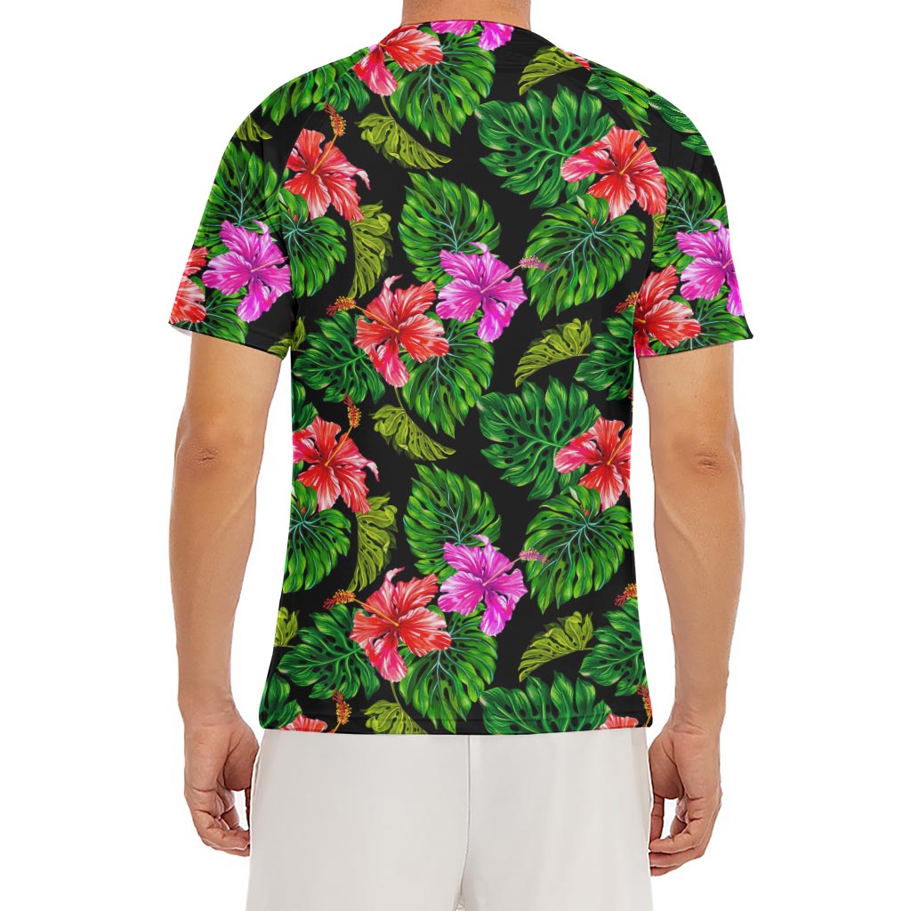 Monstera Hibiscus Hawaii Pattern Print Men's Short Sleeve Rash Guard