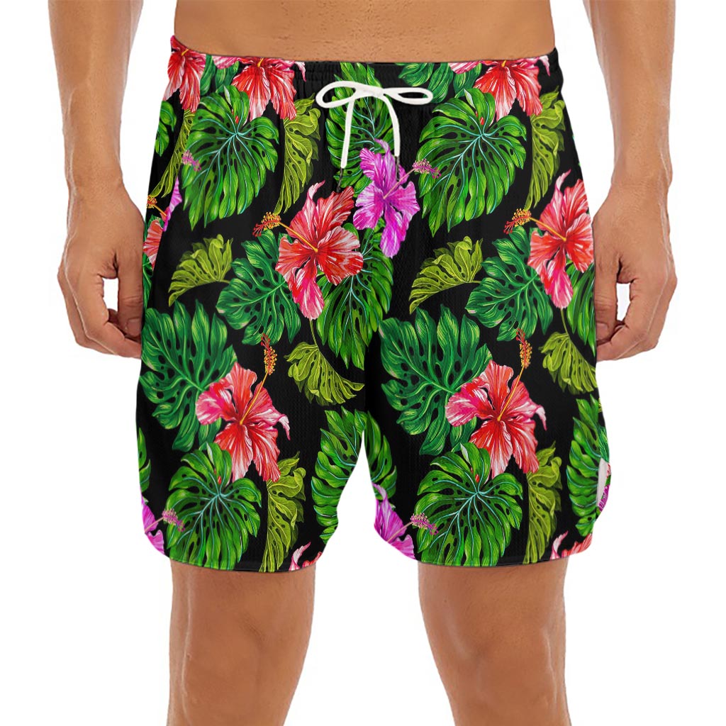 Monstera Hibiscus Hawaii Pattern Print Men's Split Running Shorts