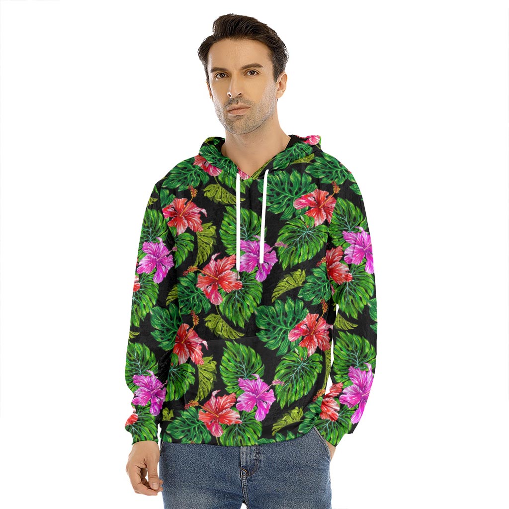 Monstera Hibiscus Hawaii Pattern Print Men's Velvet Pullover Hoodie