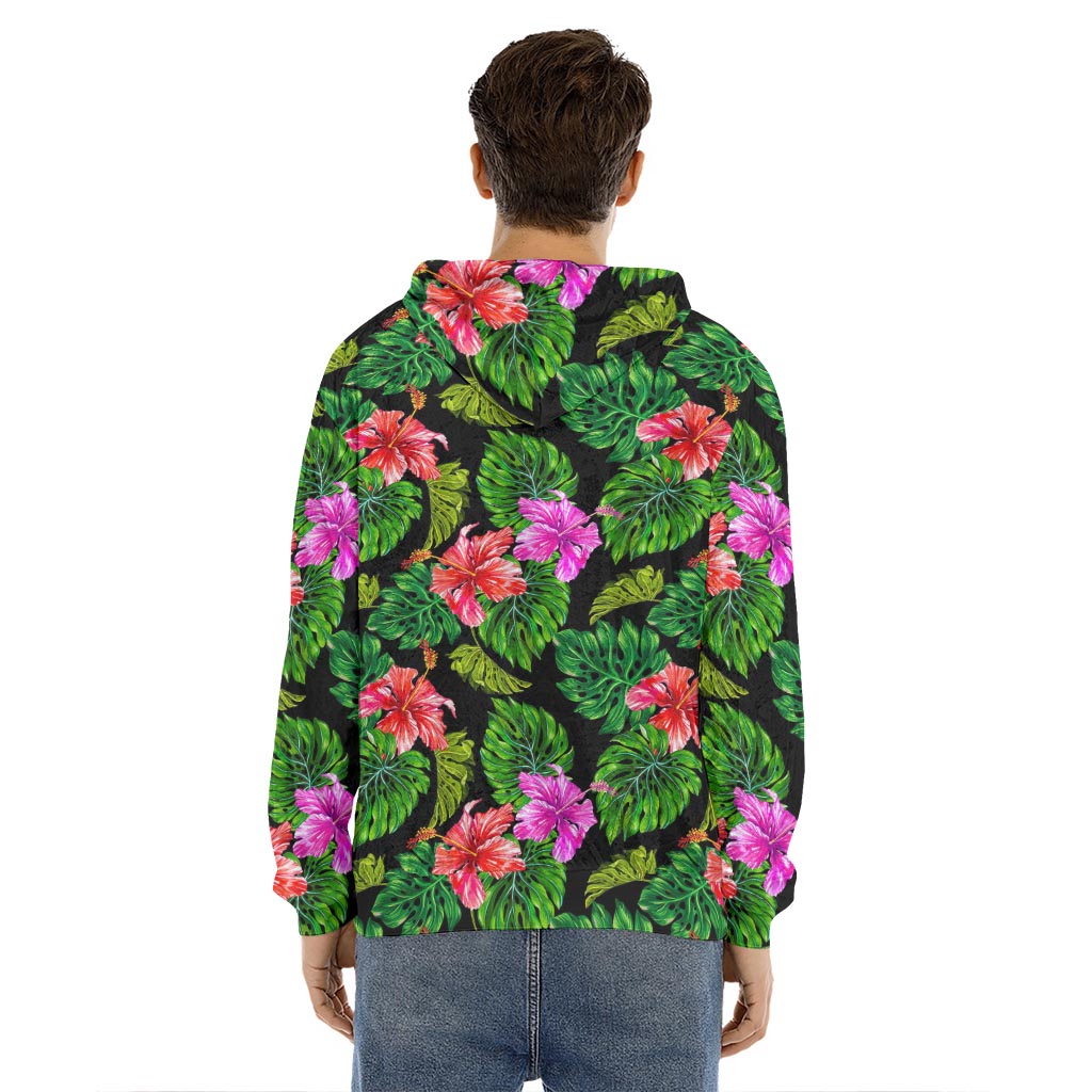 Monstera Hibiscus Hawaii Pattern Print Men's Velvet Pullover Hoodie