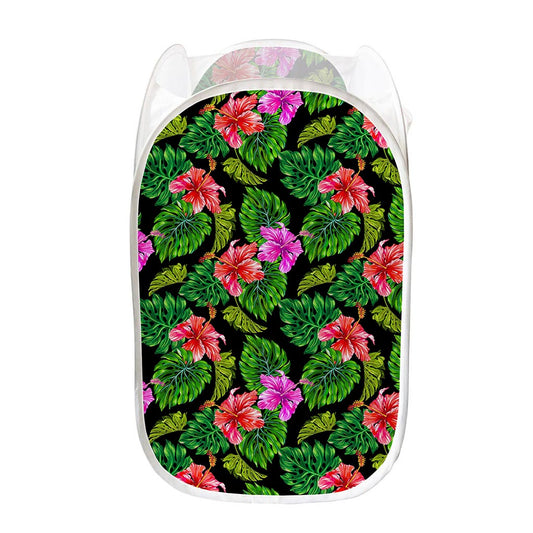 Monstera Hibiscus Hawaii Pattern Print Mesh Laundry Hamper