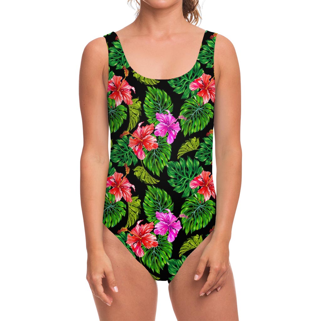 Monstera Hibiscus Hawaii Pattern Print One Piece Swimsuit