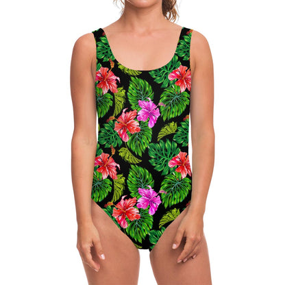 Monstera Hibiscus Hawaii Pattern Print One Piece Swimsuit