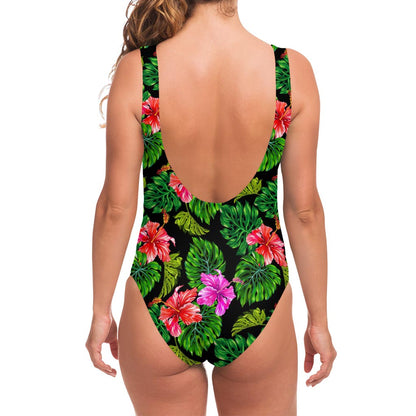 Monstera Hibiscus Hawaii Pattern Print One Piece Swimsuit