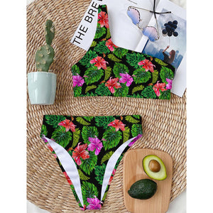 Monstera Hibiscus Hawaii Pattern Print One Shoulder Bikini Top