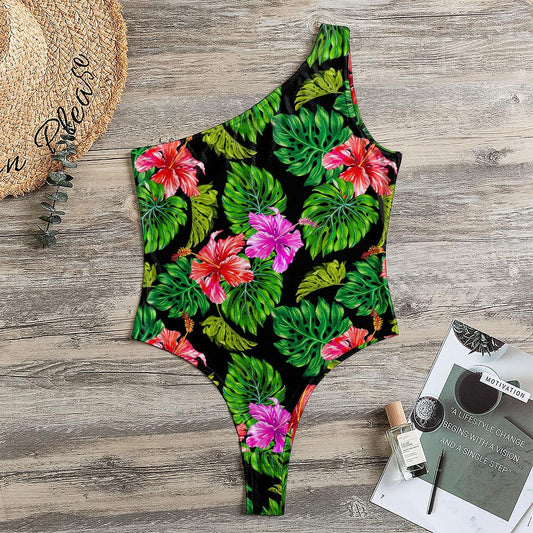 Monstera Hibiscus Hawaii Pattern Print One Shoulder Bodysuit