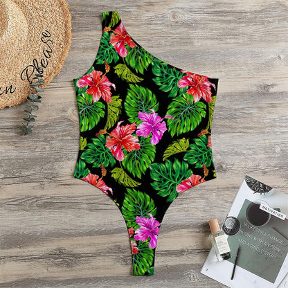 Monstera Hibiscus Hawaii Pattern Print One Shoulder Bodysuit