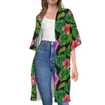 Monstera Hibiscus Hawaii Pattern Print Open Front Beach Cover Up