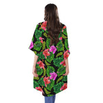 Monstera Hibiscus Hawaii Pattern Print Open Front Beach Cover Up