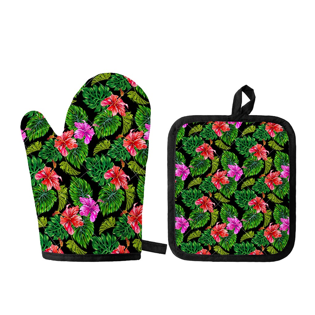 Monstera Hibiscus Hawaii Pattern Print Oven Mitt And Pot Holder Set