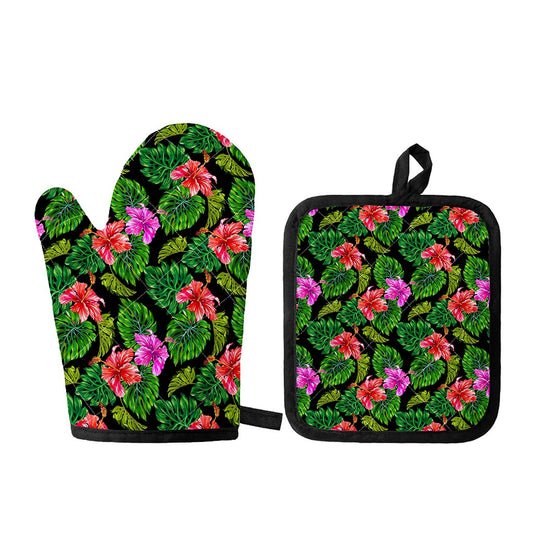 Monstera Hibiscus Hawaii Pattern Print Oven Mitt And Pot Holder Set