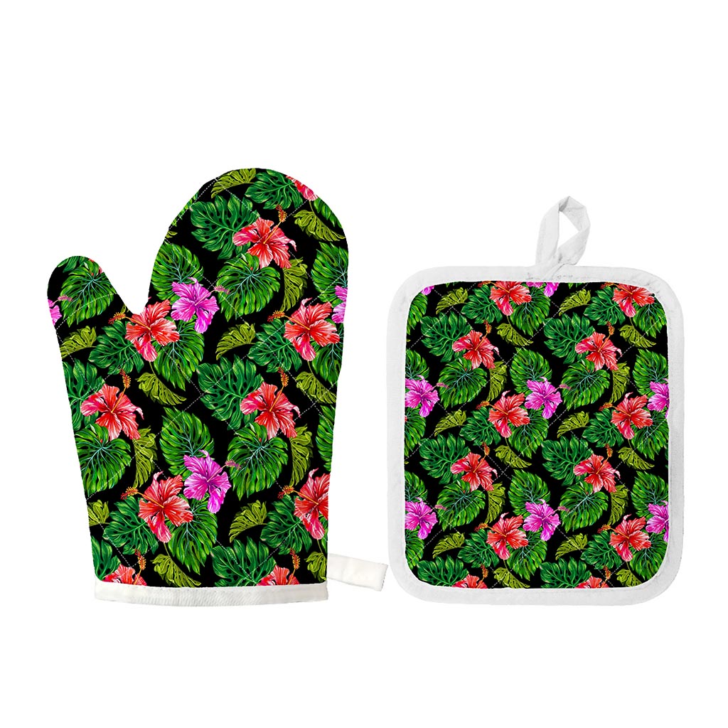 Monstera Hibiscus Hawaii Pattern Print Oven Mitt And Pot Holder Set