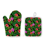 Monstera Hibiscus Hawaii Pattern Print Oven Mitt And Pot Holder Set