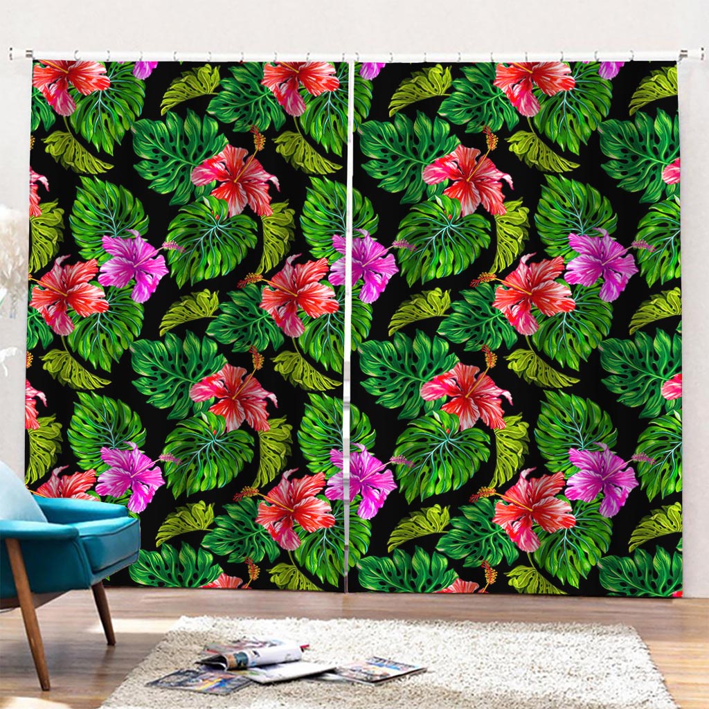 Monstera Hibiscus Hawaii Pattern Print Pencil Pleat Curtains