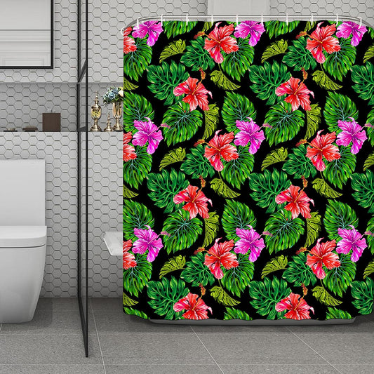 Monstera Hibiscus Hawaii Pattern Print Polyester Shower Curtain