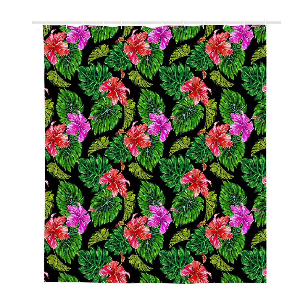 Monstera Hibiscus Hawaii Pattern Print Polyester Shower Curtain