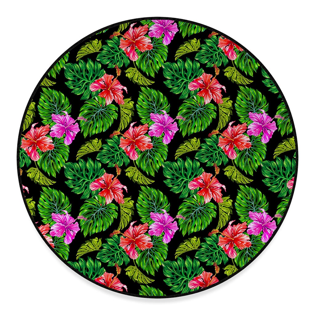 Monstera Hibiscus Hawaii Pattern Print Round Floor Mat