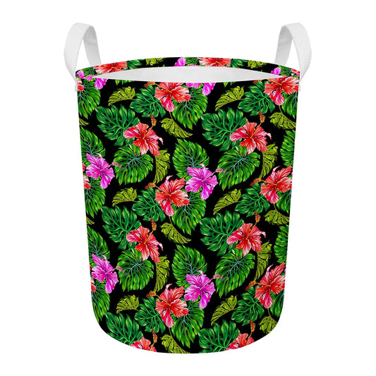 Monstera Hibiscus Hawaii Pattern Print Round Laundry Basket