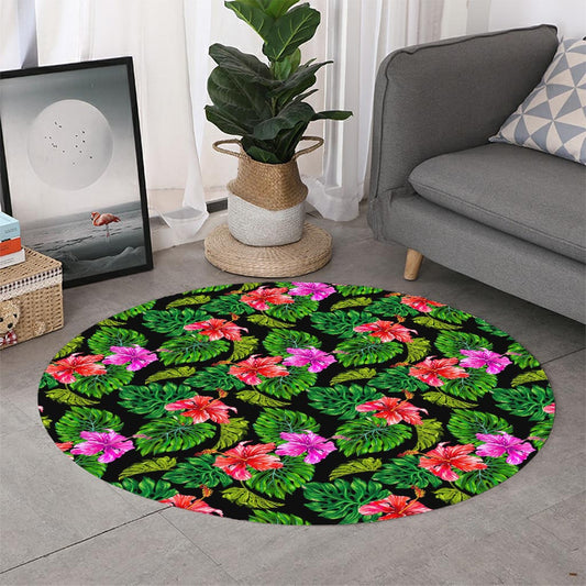 Monstera Hibiscus Hawaii Pattern Print Round Rug