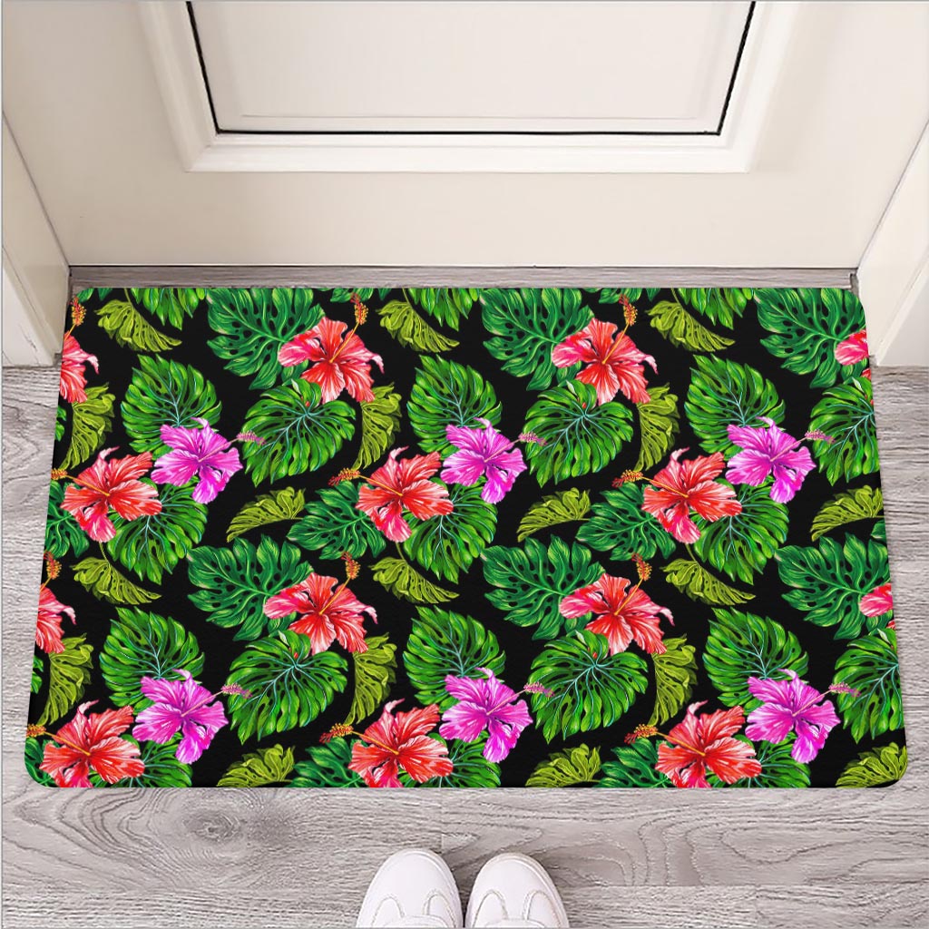 Monstera Hibiscus Hawaii Pattern Print Rubber Doormat