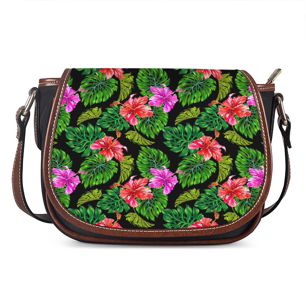 Monstera Hibiscus Hawaii Pattern Print Saddle Bag