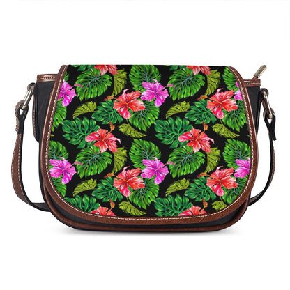 Monstera Hibiscus Hawaii Pattern Print Saddle Bag