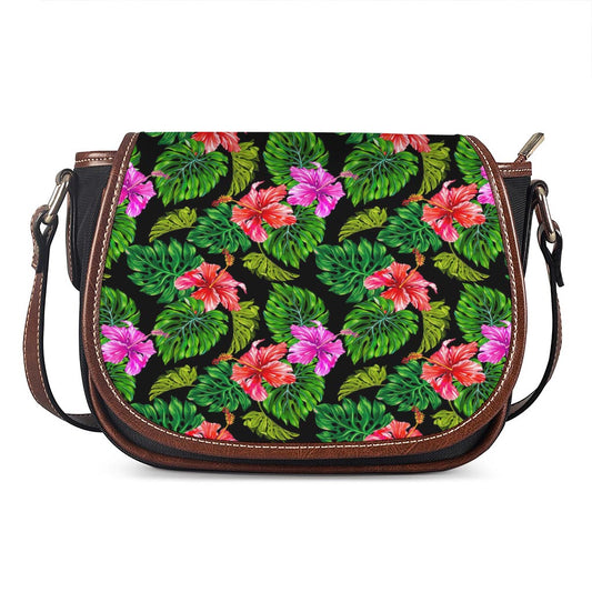 Monstera Hibiscus Hawaii Pattern Print Saddle Bag
