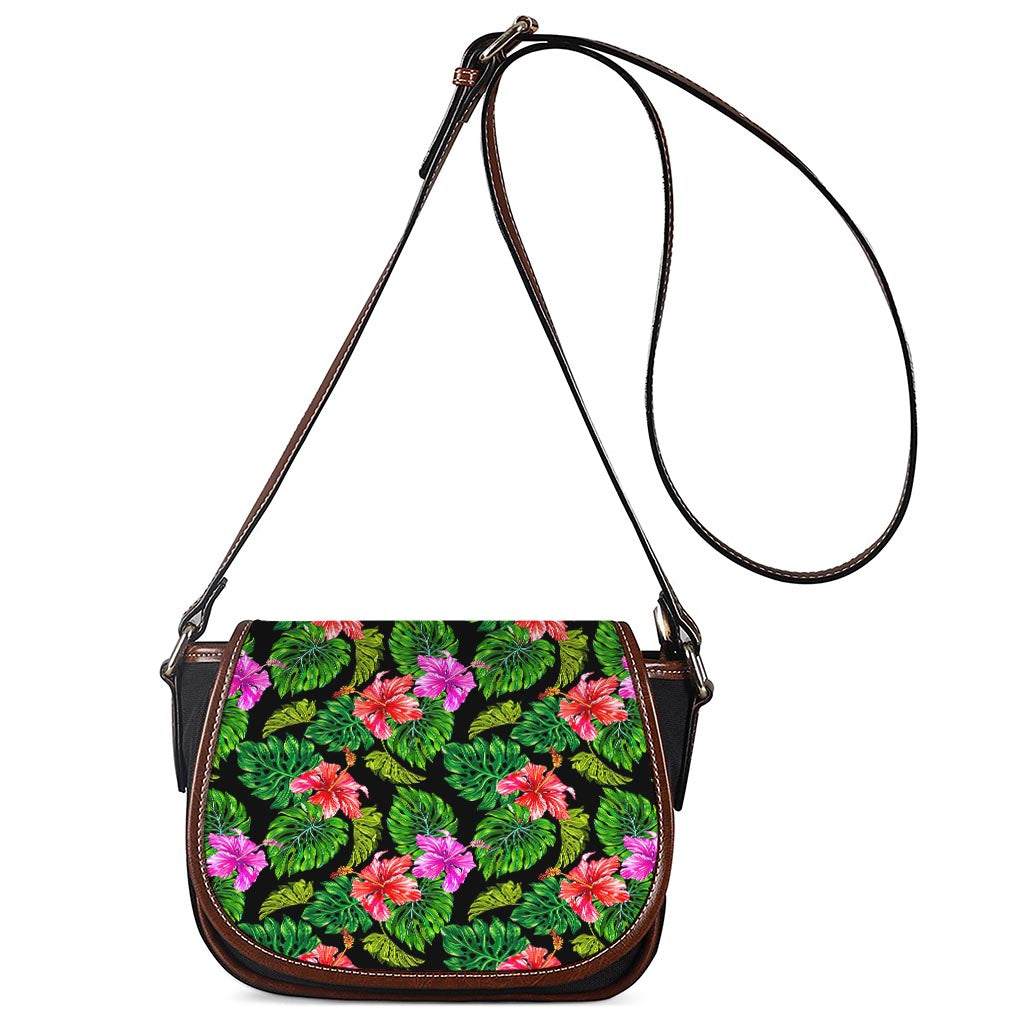 Monstera Hibiscus Hawaii Pattern Print Saddle Bag