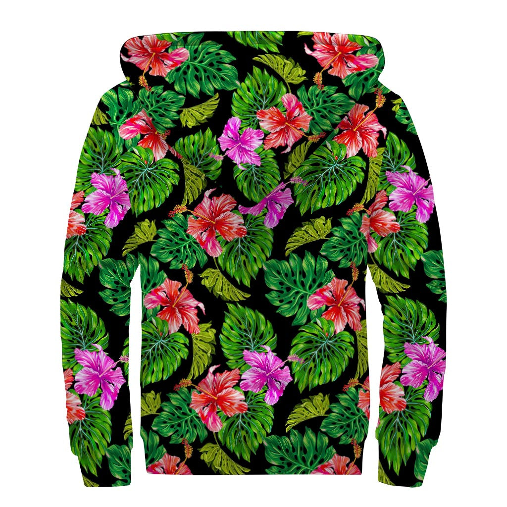 Monstera Hibiscus Hawaii Pattern Print Sherpa Lined Zip Up Hoodie
