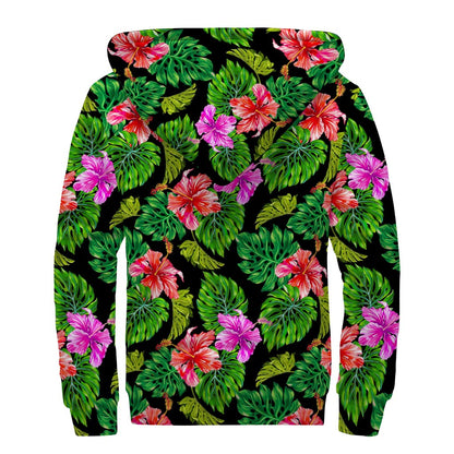 Monstera Hibiscus Hawaii Pattern Print Sherpa Lined Zip Up Hoodie