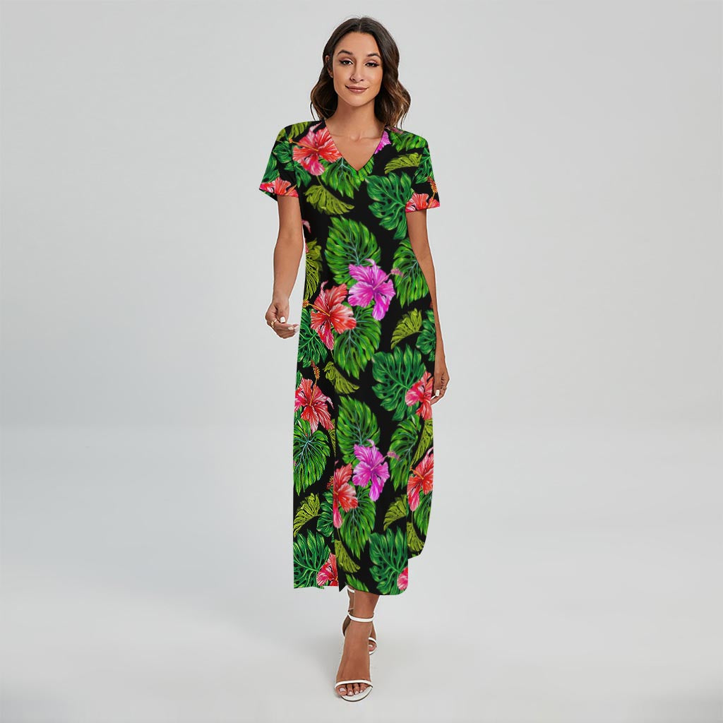 Monstera Hibiscus Hawaii Pattern Print Short Sleeve Maxi Dress