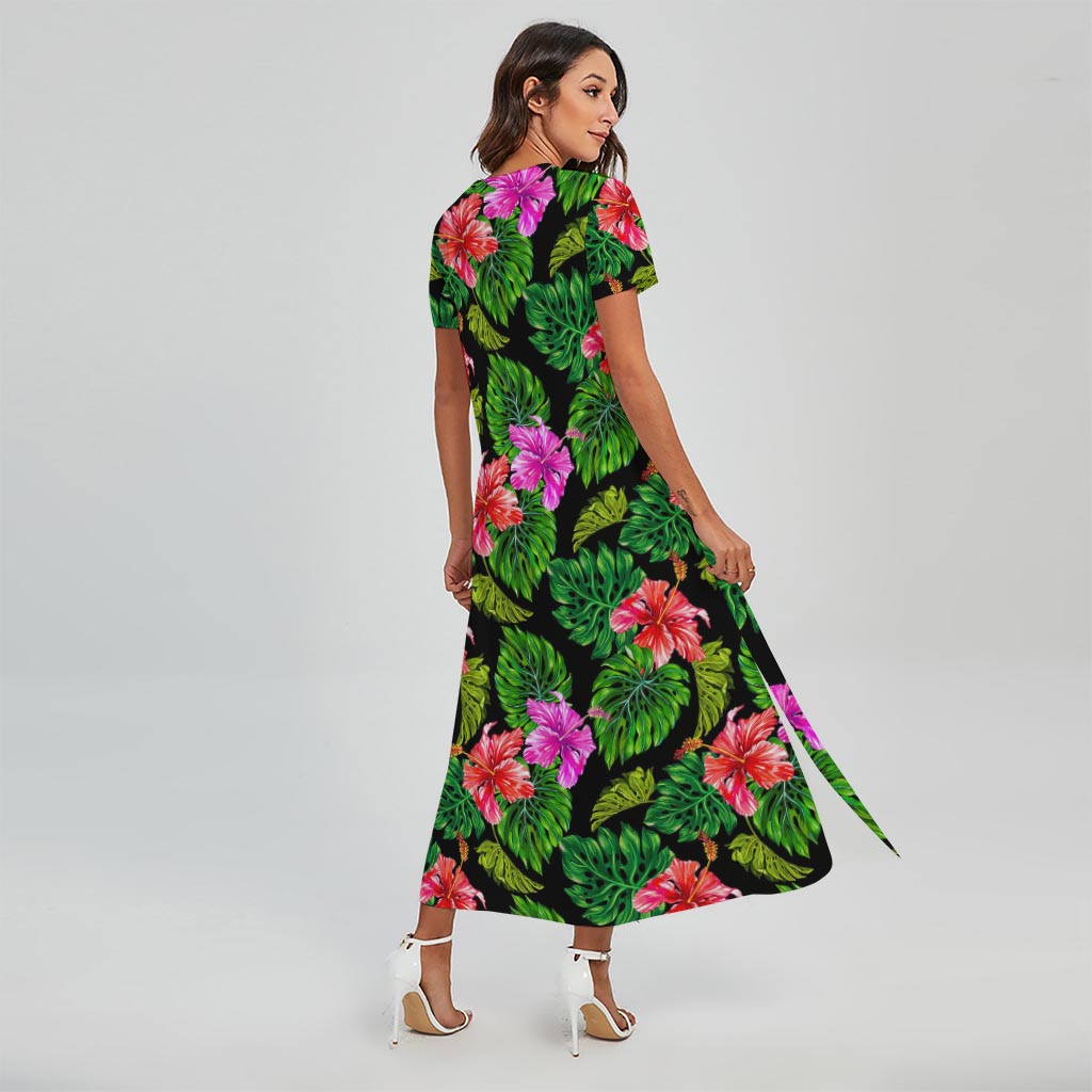 Monstera Hibiscus Hawaii Pattern Print Short Sleeve Maxi Dress