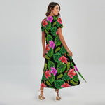 Monstera Hibiscus Hawaii Pattern Print Short Sleeve Maxi Dress