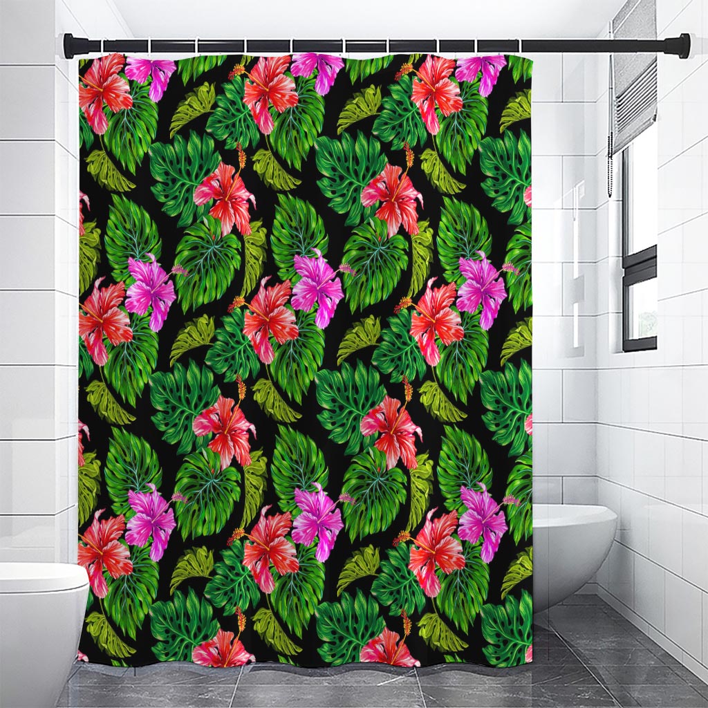Monstera Hibiscus Hawaii Pattern Print Shower Curtain