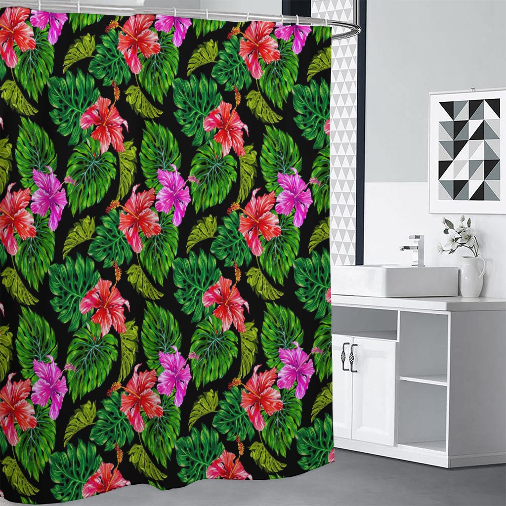 Monstera Hibiscus Hawaii Pattern Print Shower Curtain