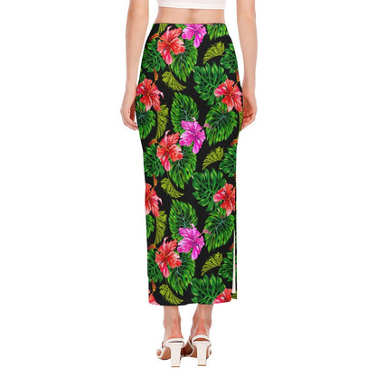 Monstera Hibiscus Hawaii Pattern Print Side Slit Maxi Skirt
