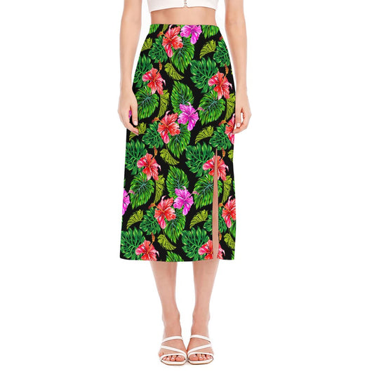 Monstera Hibiscus Hawaii Pattern Print Side Slit Midi Skirt
